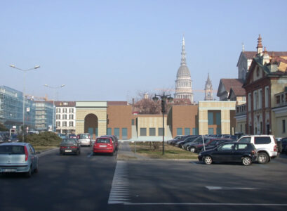 Rendering di progetto. Vista prospettica da sud del nuovo edificio (cbs architetti associati, 2001-06)