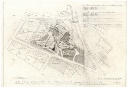 Alvar Aalto, Museo della Finlandia Centrale, studio per l’ampliamento dei due musei, 1976 (Alvar Aalto Museo, Jyväskylä)
