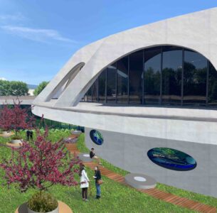 Studio Archi2, progetto di restauro e riqualificazione ex Cartiere Burgo a San Mauro Torinese: render del giardino interno