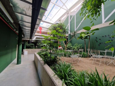 Il giardino d’inverno del secondo piano. L’immagine mostra il rapporto tra piante, spazi di sosta e impianti a vista (© Leonardo Chiesi)