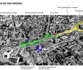 CArMe. L’area delle Piazze dei Fori in verde e l’area della Piazza del Colosseo in giallo, con i principali interventi previsti per il Giubileo (elaborazione di Giorgio Pulcini)