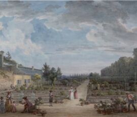 Jardin du roi. La nouvelle serre et le jardin de botanique, disegno di Jean-Baptiste Hilaire, 1794 (© BnF)