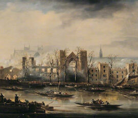 Il palazzo di Westminster visto dal Tamigi dopo l’incendio del 1834 (Museum of London)