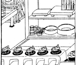 Recipienti per la cottura del riso in una cucina sfarzosa. Da un libro giapponese di galateo per donne, 1960 (da Bernard Rudofsky, The Kimono Mind, Prentice Hall Press, New York, 1964).