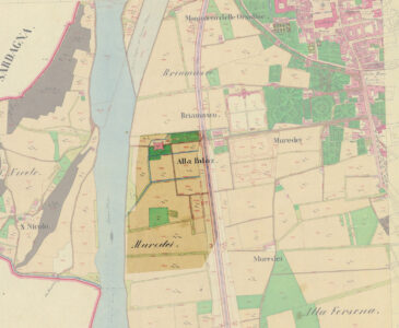 Renzo Piano Building Workshop, mappa del catasto teresiano, viene evidenziata l'area del Palazzo delle Albere, oggetto del futuro intervento di costruzione del quartiere Le Albere, Trento