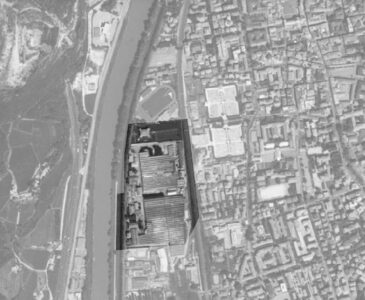 Renzo Piano Building Workshop, ortofoto del 1994, viene evidenziata l'area della fabbrica Michelin e del Palazzo delle Albere, Trento