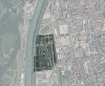 Renzo Piano Building Workshop, ortofoto del 2020, viene evidenziata l'area del nuovo quartiere accanto al Palazzo delle Albere, Trento
